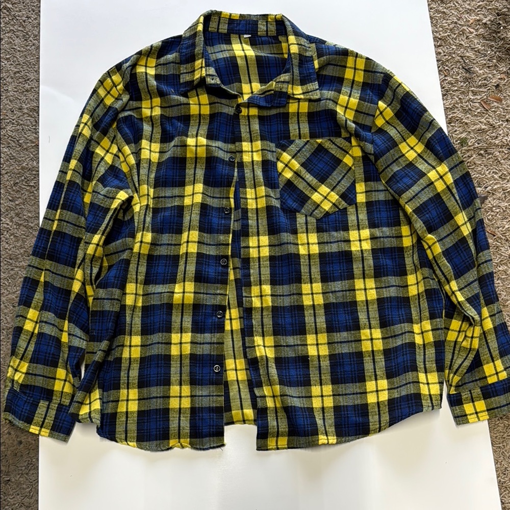 Blue and Yellow Casual Button Down Shirt with Plaid Design